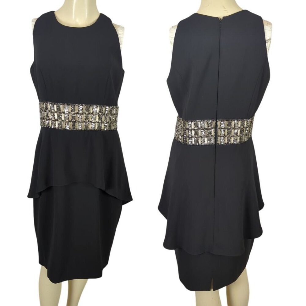 Carmen Marc Valvo‎ sleeveless silver beaded peplum cocktail waist dress 10